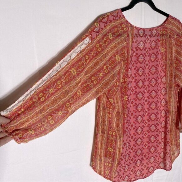 Figueroa And Flower Orange Link Multi Print Semi Sheer Long Sleeve Boho Blouse M - Picture 11 of 15